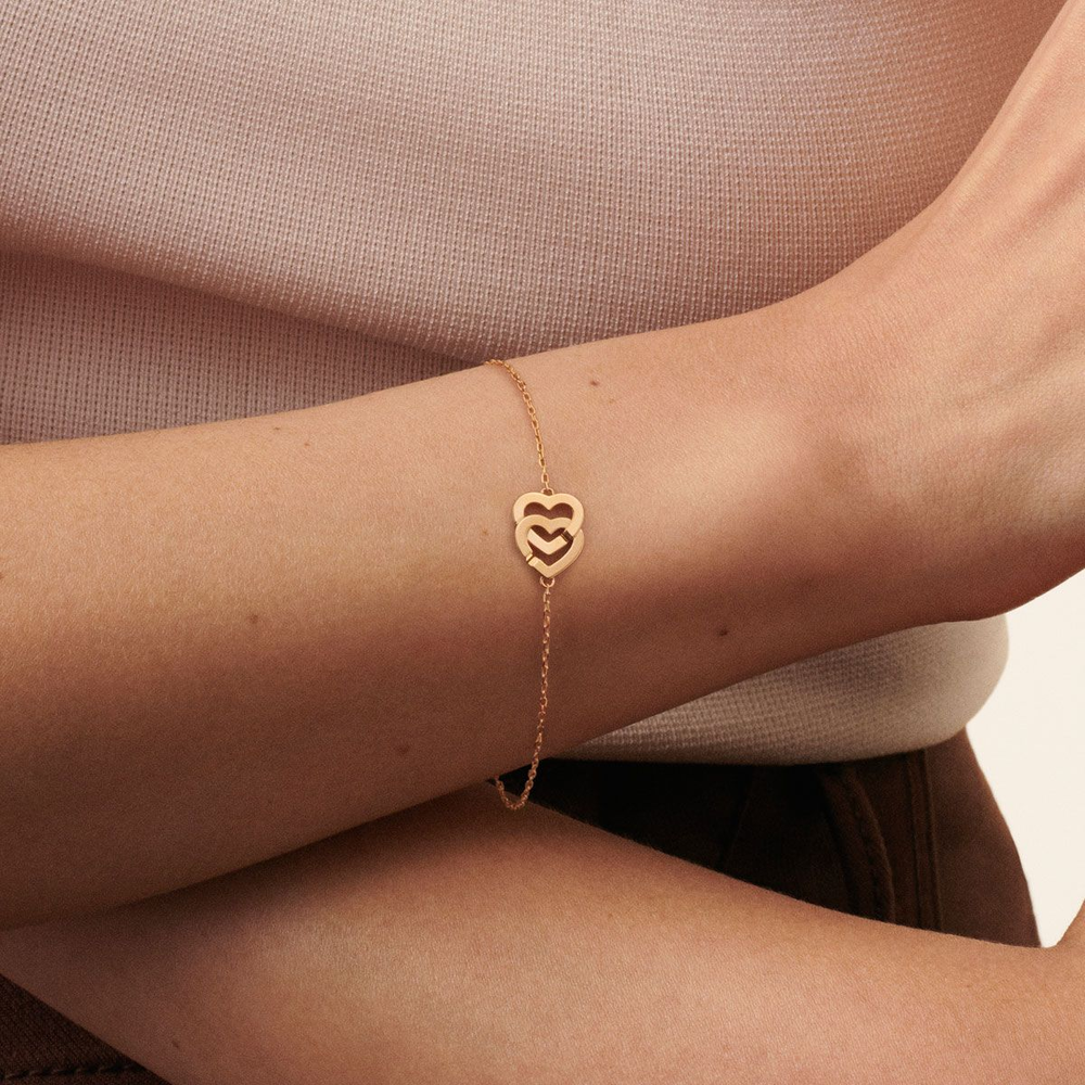 Bracelet Sur Chaîne Double Cœurs Petit Modèle